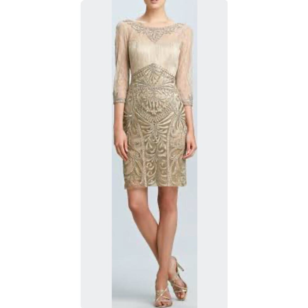Sue Wong Champagne Gold Embellished Illusion Sheath Dress